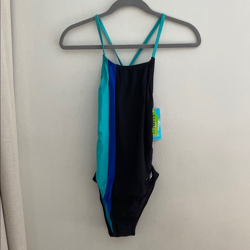 Colorblock, tie-back Speedo Swimsuit in Blue and Black